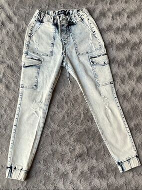 Wax Jean Light Blue Distressed Cargo Joggers